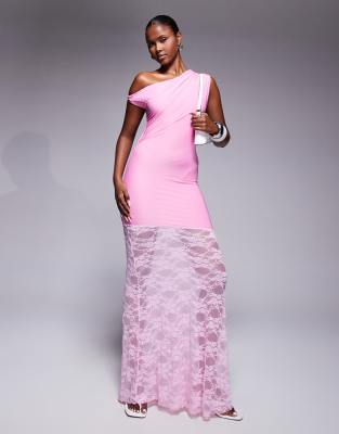 Kaiia - Exklusiv - Doppellagiges, anschmiegsames, asymmetrisches Maxikleid in Rosa mit verdrehtem, abfallendem Träger un...