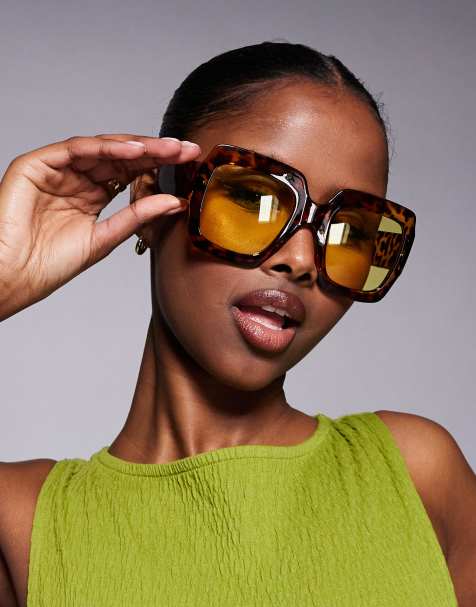 Kaiia – Exklusiv – Klobige, eckige Oversize-Sonnenbrille in Schildpatt-Optik mit gelben Gläsern - view 1