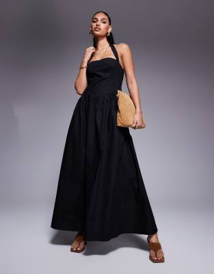 Kaiia Exklusiv - Maxikleid aus Popeline in Schwarz mit hohem Baumwollanteil und eckigem Neckholder-Ausschnitt