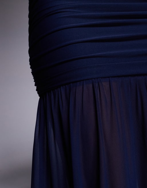 Kaiia Exklusiv – Maxikleid in Marineblau mit eckigem Ausschnitt, Strukturmuster und durchscheinendem Rocksaum, 4 von 4