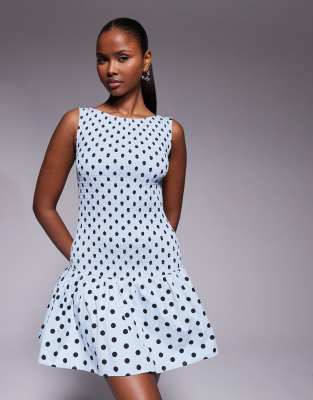 Exklusiv - Minikleid in Blau mit Polka Dots, gesmoktem Oberteil, tiefer Taille und plissiertem Saum-Bunt Bunt 40