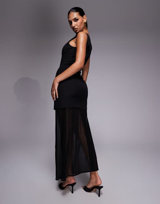 Kaiia – Exklusiv – One-Shoulder-Maxikleid in Schwarz mit durchgehender Knopfleiste und transparentem Saum, 4 von 4