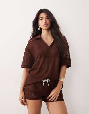 Kaiia - Exklusiv - Oversize-Polo-Oberteil aus Häkelstrick in Schokobraun mit Kragendetail, Kombiteil-Brown