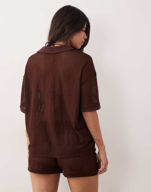 Kaiia – Exklusiv – Oversize-Polo-Oberteil aus Häkelstrick in Schokobraun mit Kragendetail, Kombiteil, 4 von 4