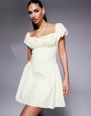 Kaiia Exklusiv - Popeline-Minikleid in Zitronengelb mit Puffärmeln und Faltendetail an der Hüfte