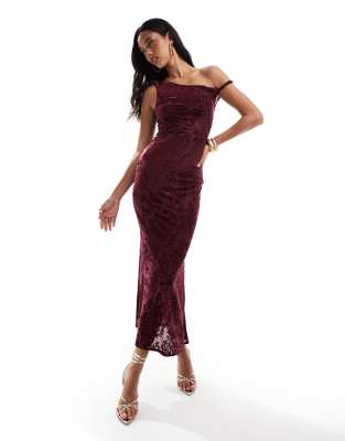 Kaiia - Exklusiv - Schulterfreies Maxikleid aus Ausbrennersamt mit rotem Muster