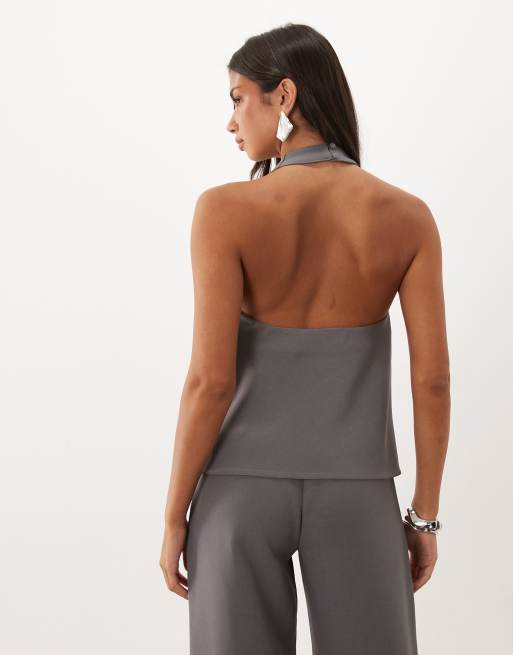 Kaiia exklusiv topp i set med extrem draperad halterneck och öppen rygg i charcoal, 4 av 4