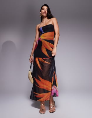 Kaiia - Exklusiv - Zweilagiges, anschmiegsames, trägerloses Netzstoff-Maxikleid in Schwarz mit gerafftem transparentem S...