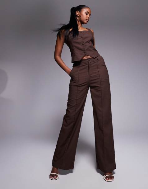 Kaiia – Exklusive, elegante Hose aus Baumwollmix in schokobrauner Leinenoptik und weitem Bein, Kombiteil - view 1