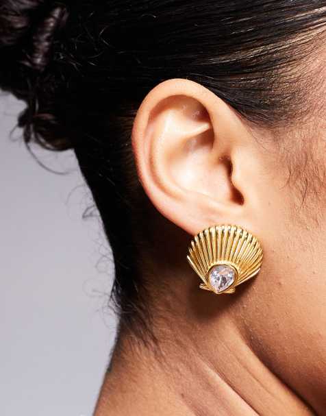 Kaiia – Exklusive Muschel-Ohrstecker aus Edelstahl in Gold mit Strassstein - view 1