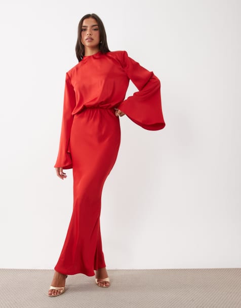 Kaiia exklusive Satin-Maxikleid mit hohem Kragen, Umschlagdetail, weiten Ärmeln und Fischschwanzsaum in Rot - view 1