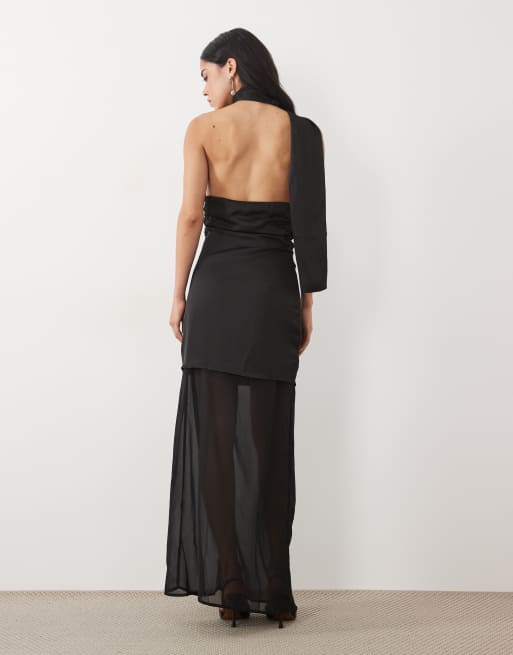 Kaiia exklusive Satin-Maxikleid mit Neckholder, Schal-Detail und transparentem Saum in Schwarz, 3 von 4