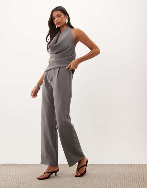 Kaiia – Exklusives Set in Anthrazit, bestehend aus Neckholder-Oberteil mit extremem Wasserfallausschnitt und Rückenausschnitt sowie Hose, 3 von 3