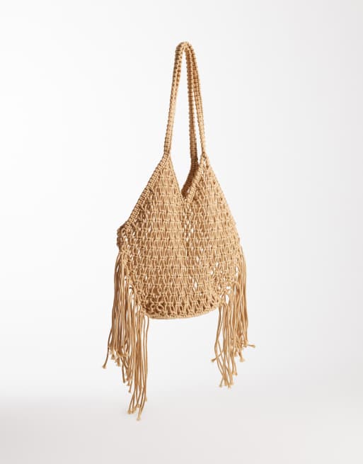 Kaiia – Exklusive Strand-Schultertasche in Beige aus gewebtem Baumwollgewebe mit Quasten, 4 von 4