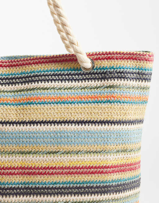 Kaiia – Exklusive Strandtasche aus gewebtem Stroh mit buntem Streifenmuster und Seilhenkel, 3 von 4