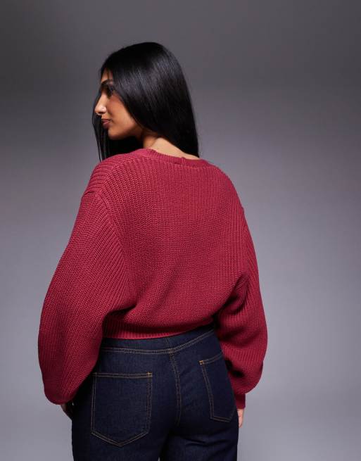 Kaiia – Exklusive Strickjacke in Cranberry-Rot mit V-Ausschnitt, Knopfleiste und Ballonärmeln, 4 von 4