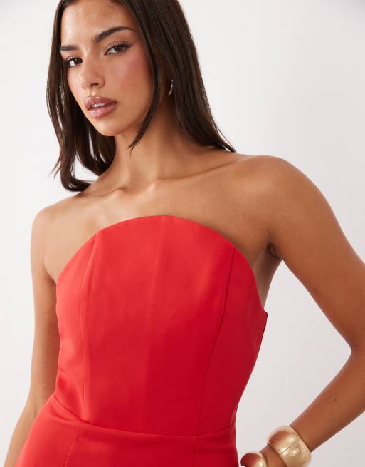 Kaiia exklusive strukturierte Maxikleid mit geschwungenem, trägerlosem Ausschnitt in Rot, 3 von 4