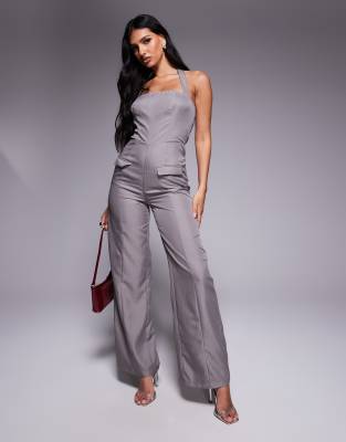 Kaiia - Exklusiver, eleganter Neckholder-Jumpsuit in Grau mit weitem Bein und Nadelstreifen-Neutral