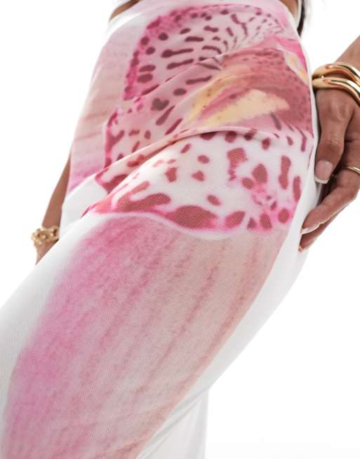 Kaiia – Exklusiver Netzstoff-Maxirock in Weiß mit rosa Orchideen-Print und geradem Schnitt, Kombiteil  , 2 von 5