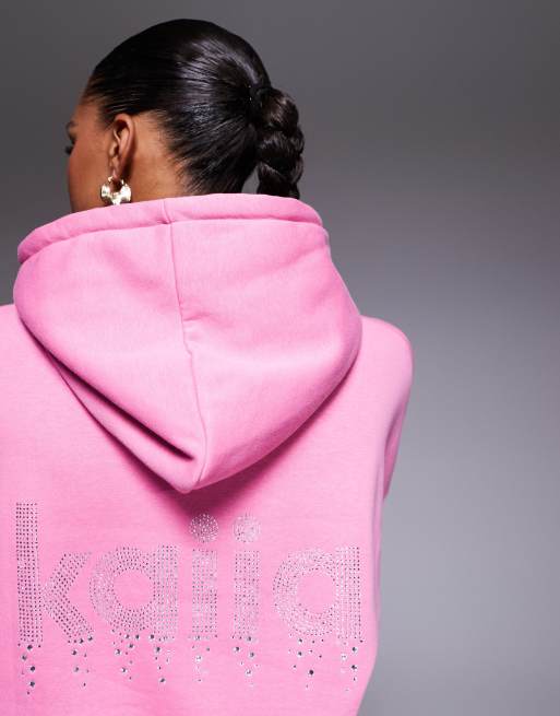 Kaiia – Exklusiver Oversize-Kapuzenpullover in Pink mit hohem Baumwollanteil und Strass-Logo, Kombiteil  , 2 von 4