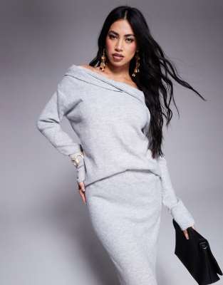 Kaiia - Exklusiver Pullover in Grau mit verdrehter Vorderseite und Carmen-Ausschnitt, Kombiteil