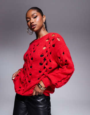 Kaiia - Exklusiver Strickpullover in Rot mit Ballonärmeln und geflochtenen Details
