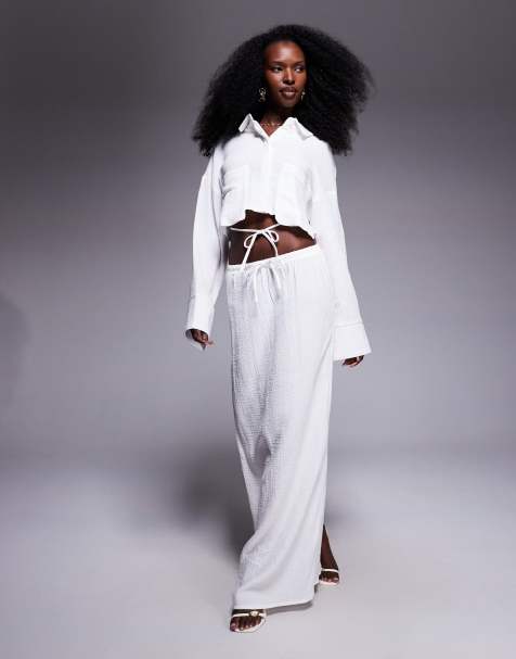 Kaiia – Exklusiver, strukturierter Baumwoll-Maxirock in Weiß mit Tunnelzug, Kombiteil - view 1