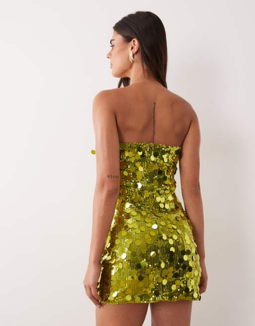 Kaiia exklusives Bandeau-Minikleid mit Scheibenpailletten in Limettengrün, 4 von 4