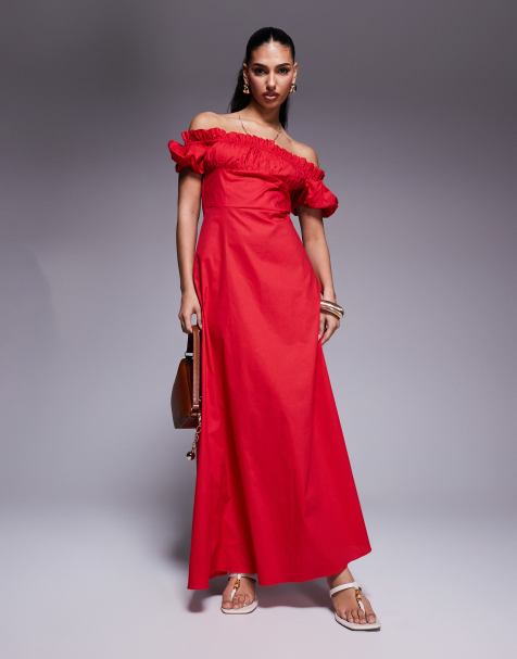Kaiia – Exklusives Bardot-Maxikleid aus Popeline in Rot mit Puffärmeln - view 1