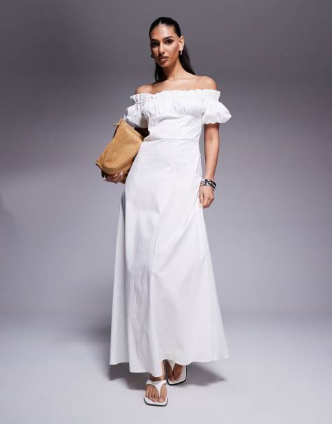 Kaiia – Exklusives Bardot-Maxikleid aus Popeline in Weiß mit Puffärmeln - view 1