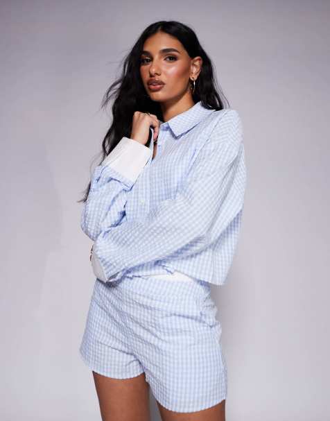 Kaiia – Exklusives Cropped-Hemd aus Seersucker in Blau mit Vichy-Karos, Knopfleiste vorne und kontrastierendem Bündchen, Kombiteil - view 1