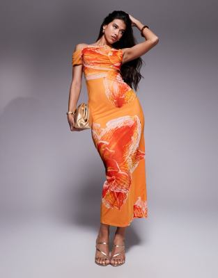 Kaiia - Exklusives, doppellagiges Maxikleid mit drapiertem, schulterfreiem Design in Orange mit Blumenmuster