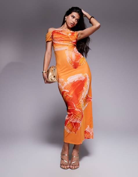 Kaiia – Exklusives, doppellagiges Maxikleid mit drapiertem, schulterfreiem Design in Orange mit Blumenmuster - view 1