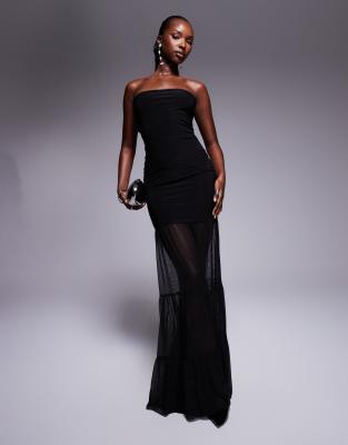 Kaiia - Exklusives, doppellagiges, trägerloses Maxikleid in Schwarz mit figurbetontem Schnitt und Saum aus Netzstoff