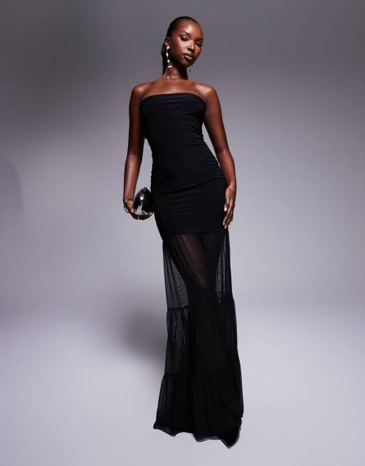 Kaiia – Exklusives, doppellagiges, trägerloses Maxikleid in Schwarz mit figurbetontem Schnitt und Saum aus Netzstoff 