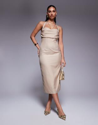 Kaiia - Exklusives, elegantes Neckholder-Midaxikleid in Steinbeige mit Nadelstreifen mit drapiertem Dekolleté und Rücken...