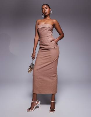 Kaiia - Exklusives, elegantes, trägerloses Leinen-Maxikleid in Braun mit Umschlag und Schlitz hinten