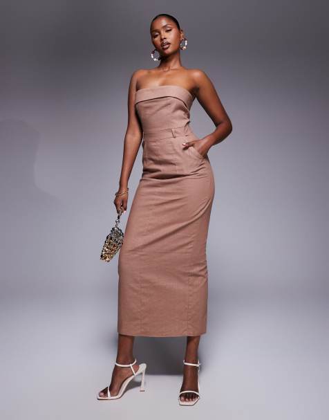Kaiia – Exklusives, elegantes, trägerloses Leinen-Maxikleid in Braun mit Umschlag und Schlitz hinten - view 1