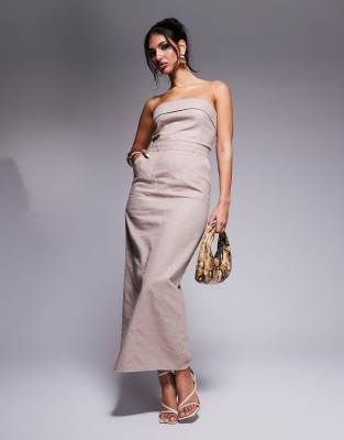 Kaiia - Exklusives, elegantes, trägerloses Leinen-Maxikleid in Steinbeige mit Umschlag und Schlitz hinten-Neutral