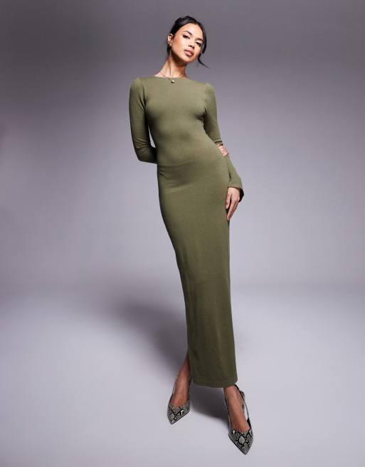 Kaiia – Exklusives, figurbetontes Maxi-Strickkleid in Khaki mit ausgestellten Ärmeln , 2 von 4