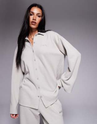 Kaiia - Exklusives, geripptes Oberteil mit hohem Baumwollanteil in Steingrau mit Knopfleiste vorne, Kombiteil-Neutral