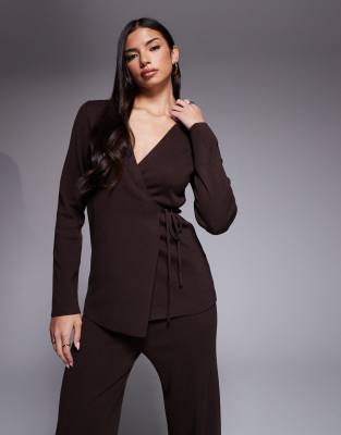 Kaiia - Exklusives, geripptes Strickoberteil in Schokobraun mit gewickelter Vorderseite, Kombiteil-Brown