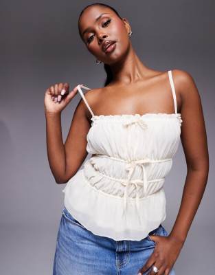 Kaiia - Exklusives, gesmoktes Camisole in Creme mit Bindedetails und geradem Ausschnitt-Weiß