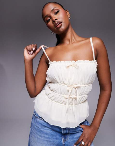 Kaiia – Exklusives, gesmoktes Camisole in Creme mit Bindedetails und geradem Ausschnitt - view 1