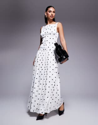 Kaiia - Exklusives, hochgeschlossenes Satin-Maxikleid in Schwarz-Weiß gepunktet mit eckigem Ausschnitt, Knopfleiste und ...