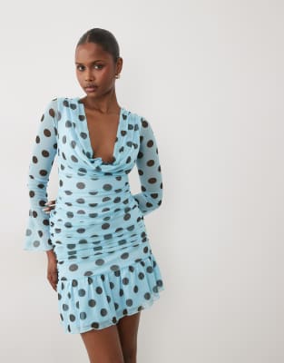 Exklusives, langärmliges Minikleid in Blau und Schwarz mit Mesh-Overlay, Wasserfallausschnitt, asymmetrischem Saum und Polka Dots-Bunt Bunt 36