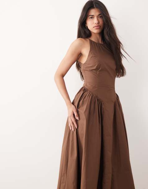 Kaiia – Exklusives Maxikleid aus Baumwoll-Popeline in Braun mit Ringerrücken und geraffter Taille - view 1