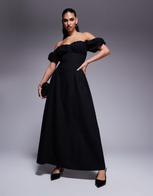 Kaiia - Exklusives Maxikleid aus Baumwolle in Schwarz mit Milchmädchen-Ausschnitt, Puffärmeln und Faltendetail an der Hü...