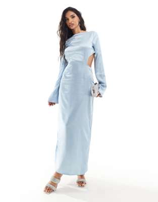 Kaiia – Exklusives Maxikleid aus Satin in Babyblau mit Zierausschnitten und Schleife hinten  