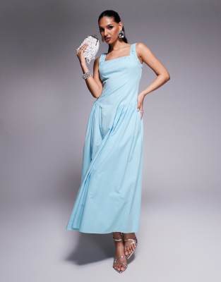 Kaiia - Exklusives Maxikleid in Babyblau mit eckigem Ausschnitt, geraffter Spitzenborte und Faltendetail an der Hüfte